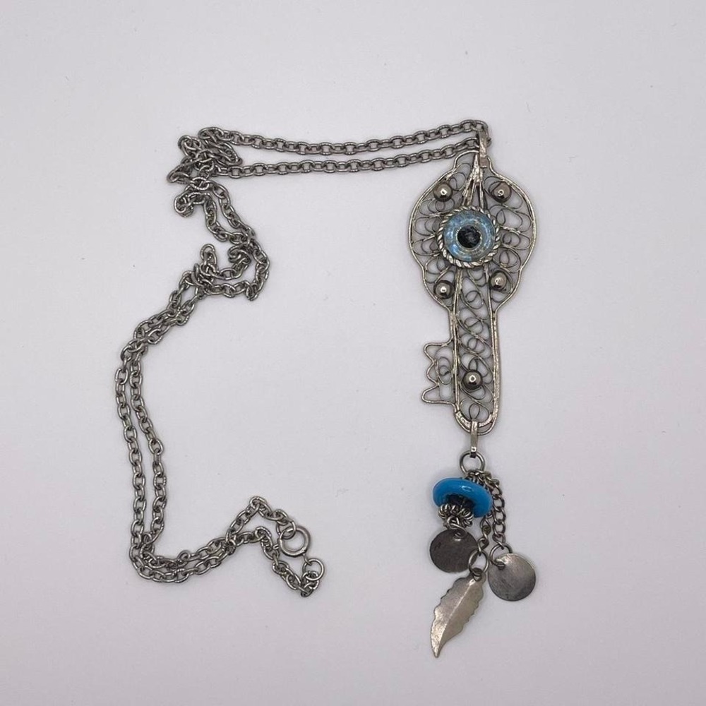 VTG‎ 70s Statement Pendant Necklace Silver Tone Artisan Evil Eye Boho Fairycore
